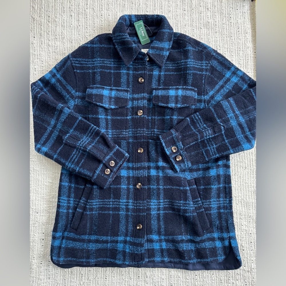 NWT L.L.Bean Brushed Plaid Shacket Classic Navy Blue M Medium Wool Blend